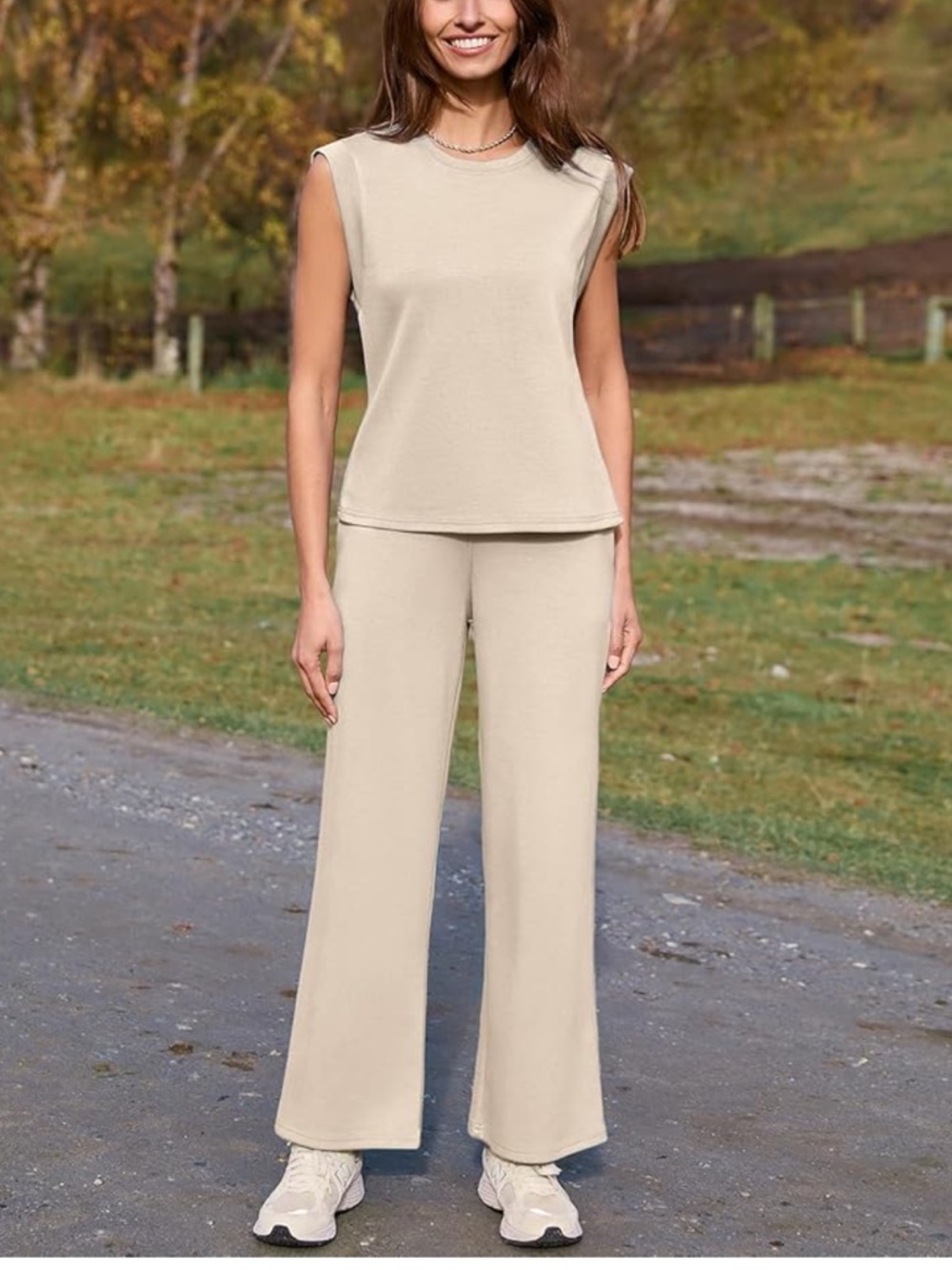 Women's 2-Piece Lounge Set - Cream Wide-Leg Pants - Picture 2 of 10